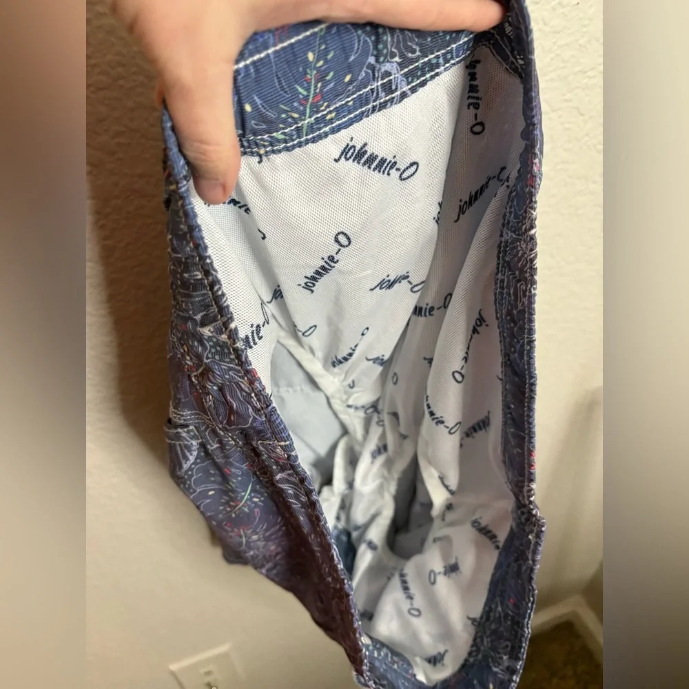 Johnnie O Swim Trunks Mens Size Small Beach Lined Blue Leaf Print Swim